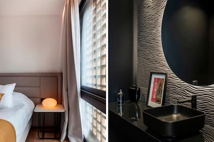 Junto a la cabecera tapizada en gris, nesa auxiliar con una simple y efectiva lámpara de forma ovalada. En el toilette, la pared principal está revestida con un panel texturizado.