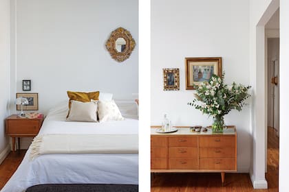 Mesas de luz americanas con lámparas vintage Hongo (todo del Mercado de Pulgas de Dorrego). Almohadones de tussor lisos, estampados en serigrafía y bordados (Brote).