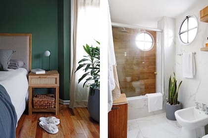 Mesas de luz construidas por Hernán, veladores (I Wish), cortinas de lino (Casa Churba). Planta y maceta (Ciudad Naturaleza). Pantuflas hechas a mano (Mantas XXL).