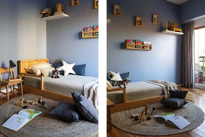 Silla y cama (Lala Montessori Muebles). Ropa de cama y textiles (Lote Propio). Lámpara de mesa (I Wish). Alfombra (Another Home). Juguetes de madera (Lola y Chango).