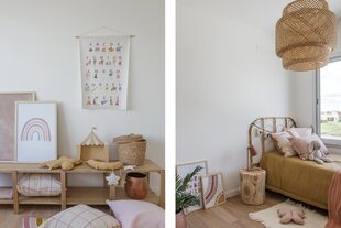 Cuadros, almohadones, póster y alfombras en tonos pastel de Babyboom Tienda. Acolchado, respaldo y mueble bajo (Sol Palou Deco). 