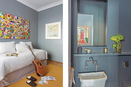 Cuadro de Soledad Demaría y alfombra artesanal traída de La Cumbre, Córdoba.