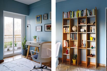 Plantas y macetas (Ciudad Naturaleza). Difusor y vela (Luces Candles & Home). Pintura Loxon ‘6219′. Biblioteca y escritorio ‘N174′ (Arbeitt Argentina). Silla (Mobilarg). Alfombra (Another Home). Lámpara de pie ‘Slim’ (I Wish).