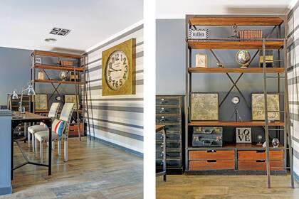 Biblioteca (Landmark) Lámparas y reloj de pared (Navarra Home). Papel (Muresco). Sillas (Gloria Atelier Deco). Cajonera (Frog Bazar).