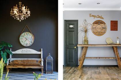 En el hall, araña (HDS Ilum). Sillón y almohadón (La Tienda de Lola). Reloj (Coto). Farol (Falabella). Piso de porcelanato símil calcáreo (Blaisten).