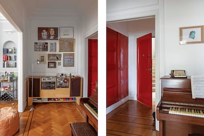Junto al acceso, donde se destacan la puerta y el placard pintados de rojo, “el hall de la música” con un mueble hecho a medida para el antiguo combinado y un piano alemán.
