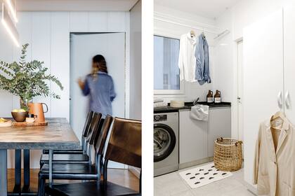 En la división entre cocina y lavadero, se hizo un revestimiento con buñas aplicadas (JT Arquitectura) para disimular la puerta sin picaporte hacia un pequeño baño de servicio y el lavadero.