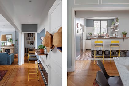 La barra es de cedro natural con banquetas de hierro y guayubira (Sacha Muebles).