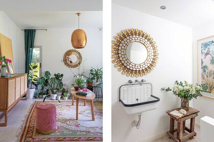 Sobre la consola de madera enchapada con esterilla (Wood Market), cuadros de Carolina Puchuri (Bay Studio). En el toilette, espejo redondo (Con Pasión Deco), pileta metálica y obra de Augusta Alba enmarcada (Santa Bárbara Marcos).