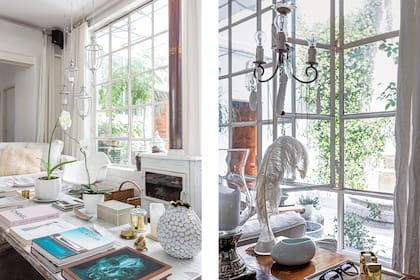 Una antigua mesa de comedor, con las patas más cortas para adaptarla el estar. Con el uso, el caño cromado adquirió un tono cobrizo que va bien con la onda del espacio.