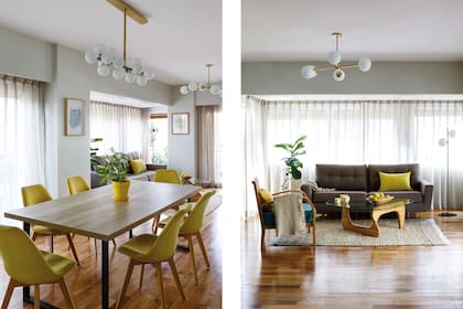 En el living, lámpara colgante ‘X’ y ‘Vintage’ de pie (I Wish). Alfombra (Another Home). Sillón (Cúbica Muebles). Mesa Noguchi (Mercado Libre). Velas (Luces Candles & Home + Mancha Objetos).