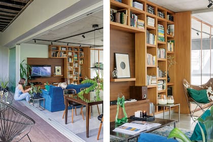 Obra en vidrio ‘Caída Libre’ (Gladys Silva). Bandeja de mármol Marquina (Melgar Mármoles). Velas (Bohemia Velas). Sillón BKF (Calma Chicha) con almohadón de pana verde (Tapicería Carlos Méndez).