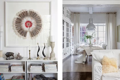 Plumas, velas y libros están presentes en cada espacio. Las primeras, como amuleto; las segundas, siempre usadas; los terceros, en constante rotación. la creadora de Maison Aubele compró el escudo espiritual sobre estas líneas en California.