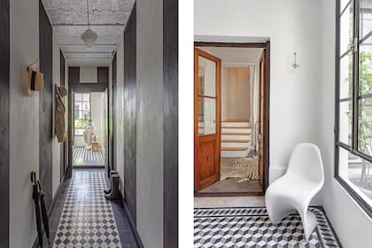 El pasillo de entrada con el damero y la bovedilla originales se acortó visualmente pintando anchas franjas verticales bicolor. Ambientado con una silla ‘Panton’, el hall distribuye al living o al patio delantero. La dueña vio el motivo del piso en la Catedral de Salta, donde está hecho con recortes de mármol.