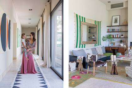 Rosario con Río en el pasillo que conduce a distintos ambientes, con aberturas hacia el patio. En el living, la alfombra traída desde Sotogrande le da nueva dimensión al espejo.