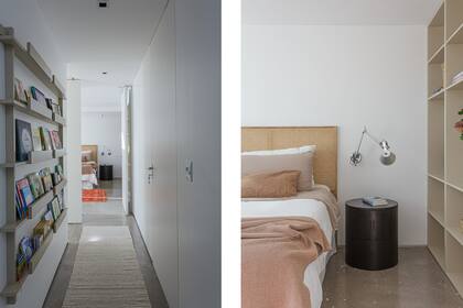 Con una biblioteca chata en el pasillo, se ordenan todos los libros infantiles casi sin ocupar volumen. Mesas de luz en paraíso laqueado (Bull). Lámparas de pared ‘Tolomeo’ (Wolff Iluminación).