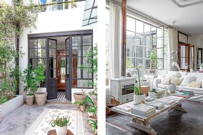 En la foto de la derecha, puerta que comunica el living con el hall de entrada se duplica en el gran espejo pegado a la pared.