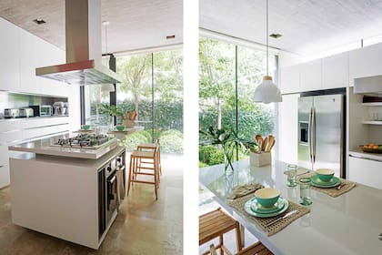 Alacenas y bajomesada (diseño del Estudio ejecutado por Carpintería Debonis). Mesada en Silestone ‘Blanco Norte’. Banquetas de madera (Jay González). Extractor (Isla LT). Anafe tipo industrial (Smeg). Horno eléctrico de empotrar (Ariston).