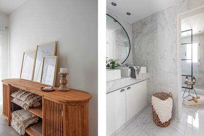 Sobre la consola ‘Cabinet’ de teca (Wood Market), cuadros (Tienda Canvas) y candelabro de madera (Sol Palou Deco).