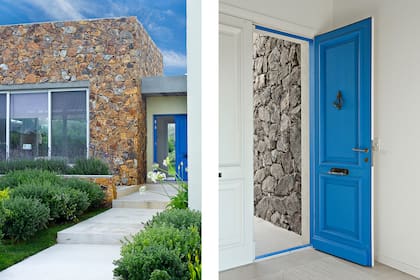 En la entrada, la fachada se revistió con piedra local y a la puerta se le dio un vibrante tono de azul.