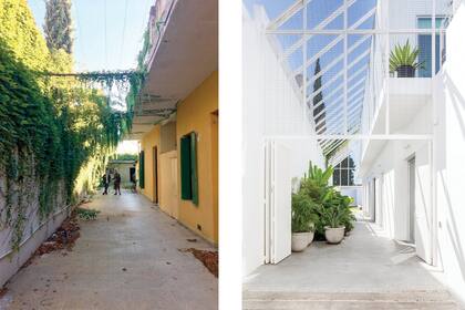 La pérgola se desplazó hacia arriba para envolver la casa y darle estructura al primer piso, que antes no existía. Cada costilla metálica contribuye a soportar la cubierta.