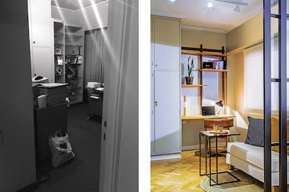 ANTES: el segundo dormitorio era independiente del living.
DESPUÉS: con una puerta corrediza de hierro y vidrio repartido, se abrió para convertirse en una sala de estar capaz de funcionar como extensión del comedor o espacio independiente.