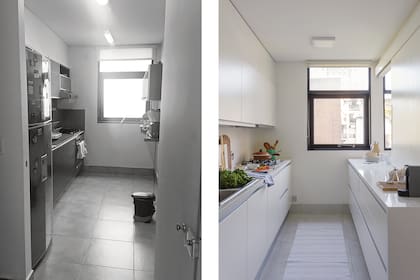 La cocina hoy tiene mesada y alzada de Silestone ‘Blanco Norte’. Se aprovechó la altura con alacenas laqueadas (Balunek). En el límite con el living, mueble con panel corredizo, mesada y cajones (diseño Arq. Cielo Pipkin).