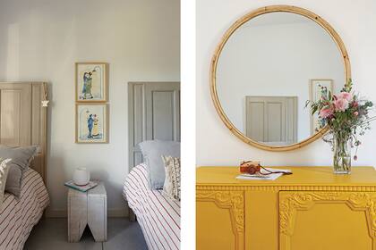 En el cuarto de Nieves, cómoda antigua pintada de amarillo para reiterar el detalle de color del living. Espejo ‘Big’ de ratán (Fraternidad).