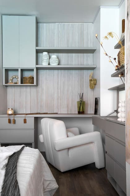 Revestimiento en melamina "Pinot Gris", línea "Blend" (Faplac) para el escritorio y maquillador de Juanita.