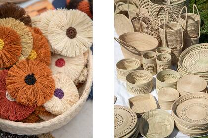 Foto izquierda: Flores de fibra de chaguar de Fundación Niwok. Foto derecha: Canastos, macetas y cestos elaborados con palma y carandillo de Fibras del Norte.