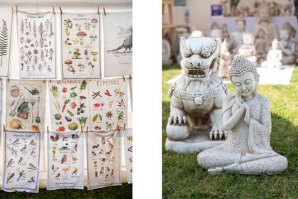 Foto izquierda: Repasadores con estampa de diseño propio de Charles by Celine. Foto derecha: Budas y perros dragón de resina en Ahora Bambú.