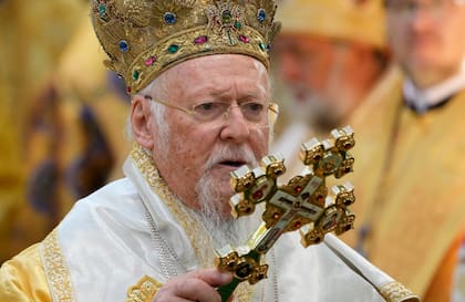 Foto tomada el 22 de agosto del 2021 del patriarca ecuménico Bartolomeo en Kiev, Ucrania.  (Foto AP/Efrem Lukatsky)