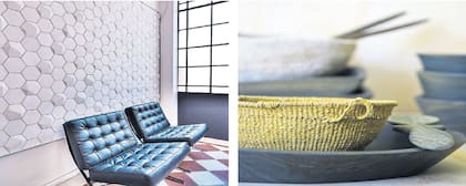 Foto1: Los calcáreos hezagonales en la pared de Bará Diseño. Foto 2: Pequeños grandes detalles de Siwani