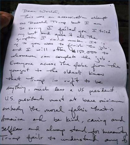 Fotografía cedida por el Tribunal de Distrito del Sur de Florida donde se muestra la carta en la que Ryan Routh, el sospechoso de intentar matar al expresidente Donald Trump, cuenta sus planes. El hombre detenido como sospechoso de intentar asesinar al expresidente de EE.UU. Donald Trump (2017-2021) el pasado 15 de septiembre en un campo de golf de Florida detalló sus planes y reconoció que quería acometer el crimen en una carta escrita a mano, señaló este lunes la Fiscalía. EFE/Tribunal Distrito Sur Florida