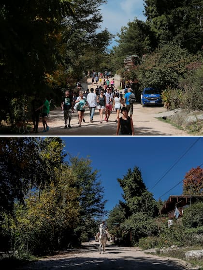 Fotografía de 2018 durante el fin de semana de Pascua y una foto actual durante la emergencia del coronavirus, en La Cumbrecita, Córdoba