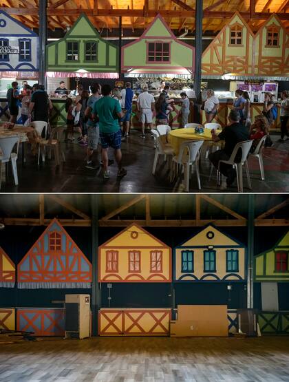 Fotografía de 2018 en un local gastronómico y una foto actual durante la emergencia del coronavirus, en Villa General Belgrano