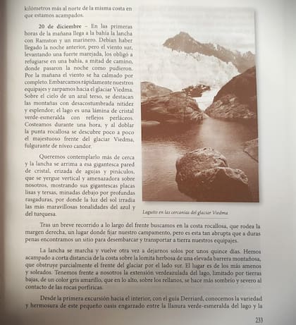 Fotografía del libro "Andes Patagónicos" donde Alberto de Agostini dejó registro del viaje al Lago Viedma.