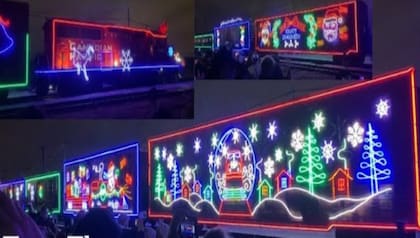 Fotografía nocturna del CPKC Canadian Pacific Holiday Train