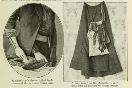 Fotografías de un artículo de 1916 en Popular Mechanics que muestra las prendas que usan los ladrones de tiendas para facilitar su trabajo.