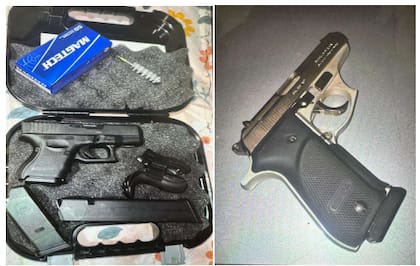 Fotografías incorporadas al expediente que muestran pistolas, cargadores y estuches rígidos utilizados para su traslado