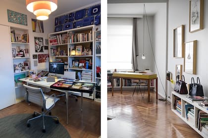 Izq.: La oficina de la diseñadora Vanina Mizrahi, un recorrido por su historia profesional; Der.: El espacio despojado de la arquitecta Karina Kreth.