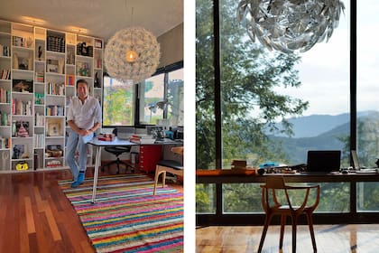 Izq.: El arquitecto Fernando Malenchini en el espacio que comparte con su pareja. Der.: El escritorio del diseñador Francisco Gómez Paz con vista a los cerros salteños. 