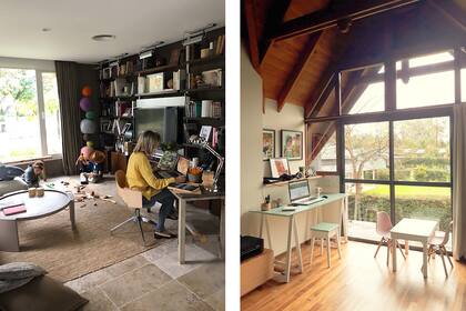 Izq.: El escritorio en casa de la diseñadora Mandy Coelho; Der.: El área de trabajo y estudio que Melisa Romero armó en su hogar.