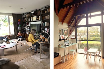 Izq.: El escritorio en casa de la diseñadora Mandy Coelho; Der.: El área de trabajo y estudio que Melisa Romero armó en su hogar.