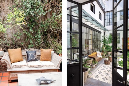 ANTES Y DESPUÉS del patio delantero, que hoy tiene un sillón tibetano apoyado en el piso de calcáreos, en lugar de las viejas baldosas color terracota.