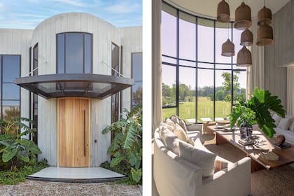 Puerta de eucalipto uruguayo. Por la altura y la línea curva, Larralde-Spelzini encargó a medida el diseño de cortinas de gasa de algodón con sistema motorizado (Hunter Douglas).