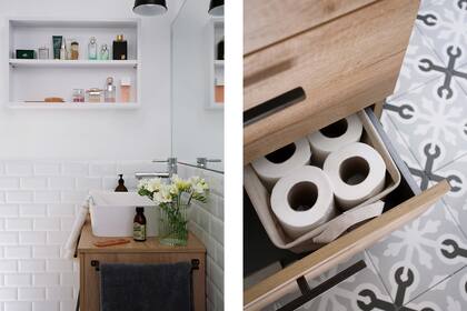 Azulejos biselados y mosaicos calcáreos (Vives) cambiaron radicalmente el baño. Se incorporó un mueble de madera con una bacha de apoyo y grifería ‘Galindo by Presto’. Espejo sin marco y toalla de hilo (Materia).