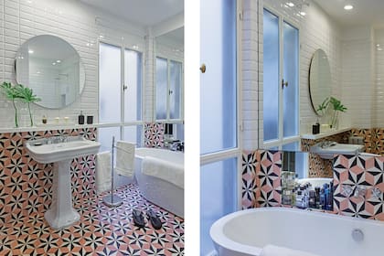 El baño tiene azulejos ‘Subway’ sin trabar, calcáreos de diseño geométrico (Arq. María Zunino), bacha vintage de loza y bañadera exenta.