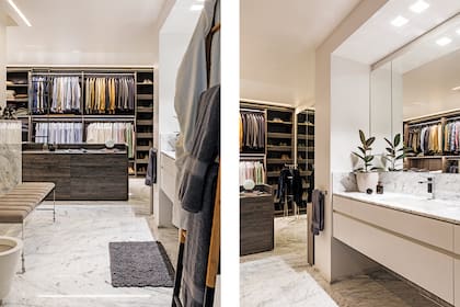 Banqueta (Piazza Navona). Los muebles del vestidor fueron hechos a medida por Edmundo Hildebrand. Piso de mármol de Carrara ‘Selección’ (Melgar Mármoles). Lámpara de mesa con esfera esmerilada (I Wish Deco).