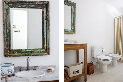 Espejo (Atahualpa). Canastos (Puerto de Frutos). Cortina de baño (Falabella). Sanitarios ‘Vogue’ (Deca).